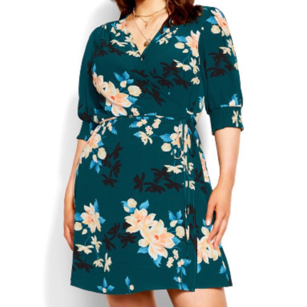 City Chic Floral Print Teal Wrap Dress
